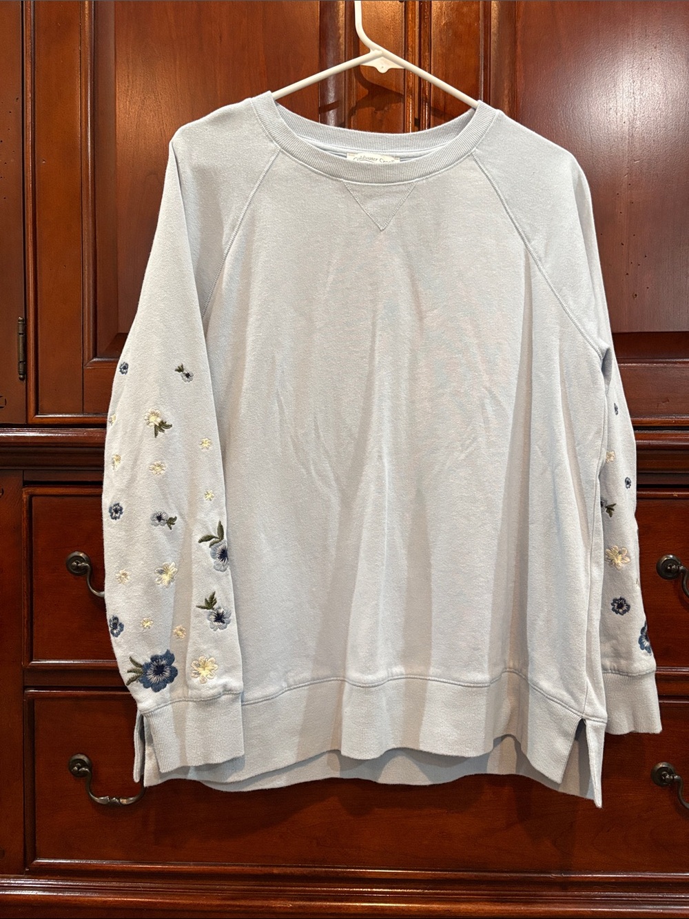 Coldwater Creek Pale Blue Sweatshirt with Floral Sleeve Embroidery